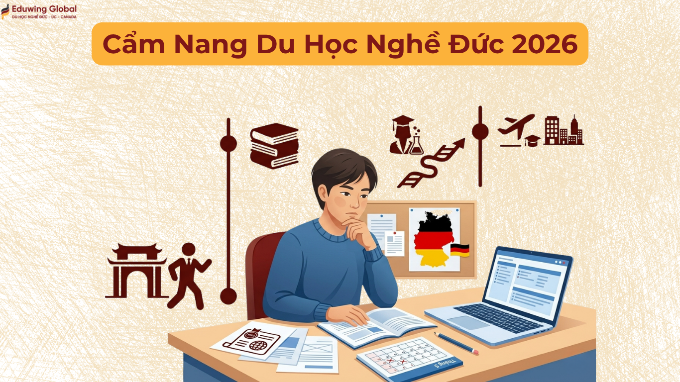 Hình minh họa cẩm nang du học nghề Đức 2026 với một bạn học sinh đang nghiên cứu lộ trình học tập, hồ sơ và các bước sang Đức trên máy tính.