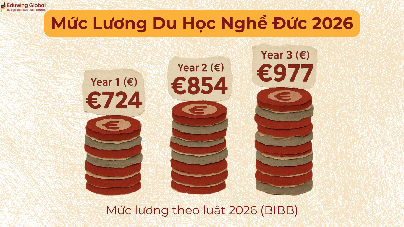 Biểu đồ mức lương tối thiểu cho du học sinh nghề tại Đức năm 2026 theo luật BIBB cho năm 1, năm 2 và năm 3.