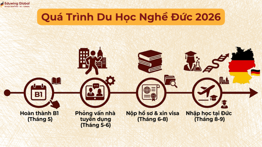 Lộ trình 4 giai đoạn làm hồ sơ du học nghề Đức 2026 từ khi hoàn thành trình độ tiếng Đức B1, phỏng vấn nhà tuyển dụng đến khi nộp hồ sơ xin visa và nhập học.