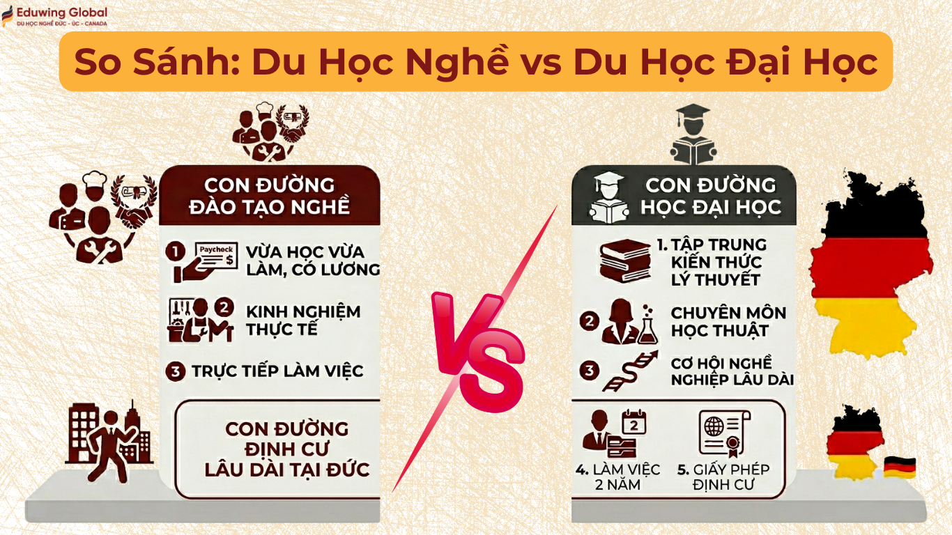Phân tích sự khác biệt giữa con đường đào tạo nghề (Ausbildung) và đại học tại Đức. Trong khi du học nghề ưu tiên kinh nghiệm thực tế và có thu nhập ngay, du học đại học tập trung sâu vào học thuật. Cả hai lộ trình đều yêu cầu chứng minh tài chính qua tài khoản phong tỏa đức nhưng với định mức khác nhau.