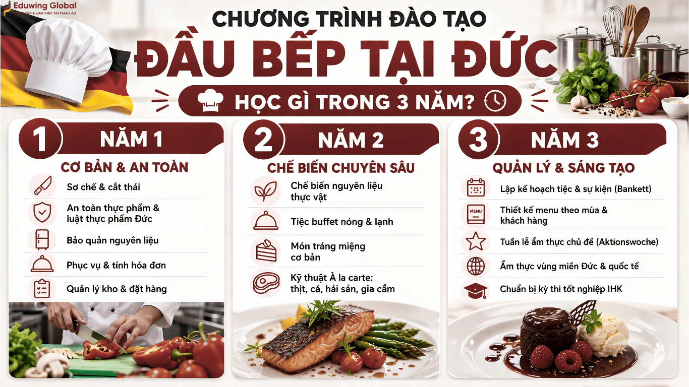 Infographic chi tiết chương trình đào tạo du học nghề đầu bếp tại Đức trong 3 năm, từ kỹ năng cơ bản đến quản lý và sáng tạo món ăn.