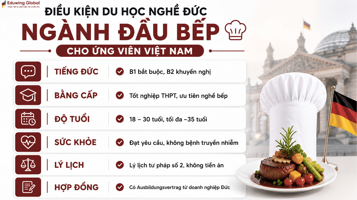 Infographic chi tiết điều kiện du học nghề Đức ngành Đầu bếp dành cho ứng viên Việt Nam năm 2026.