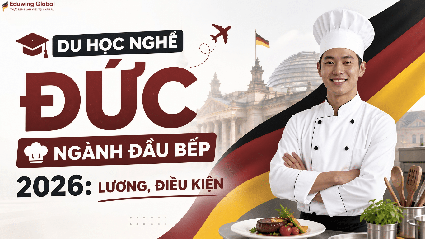 Banner thông tin du học nghề Đức ngành Đầu bếp 2026 với các chi tiết về mức lương trợ cấp và điều kiện tuyển sinh.