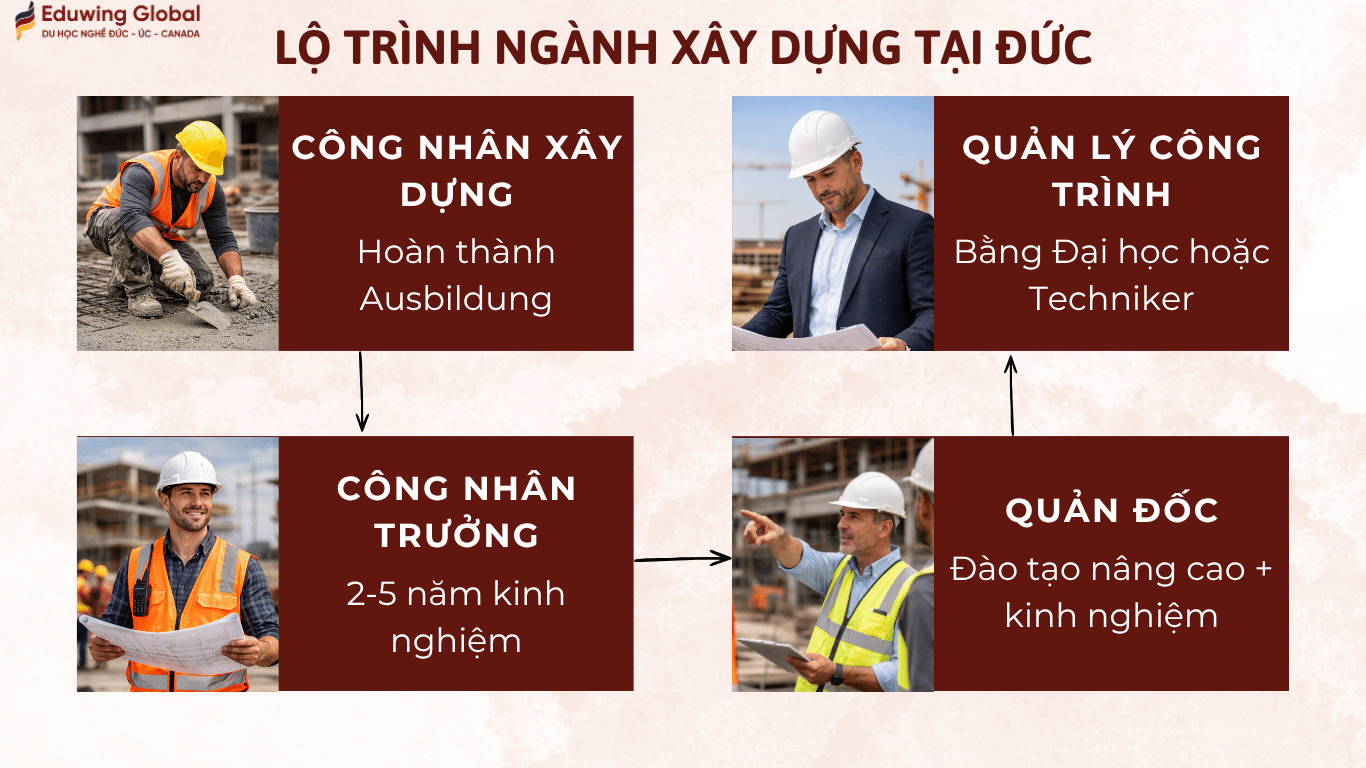 Sơ đồ lộ trình phát triển sự nghiệp ngành Xây dựng tại Đức từ Eduwing Global, gồm các giai đoạn: Công nhân xây dựng, Công nhân trưởng, Quản đốc và Quản lý công trình.