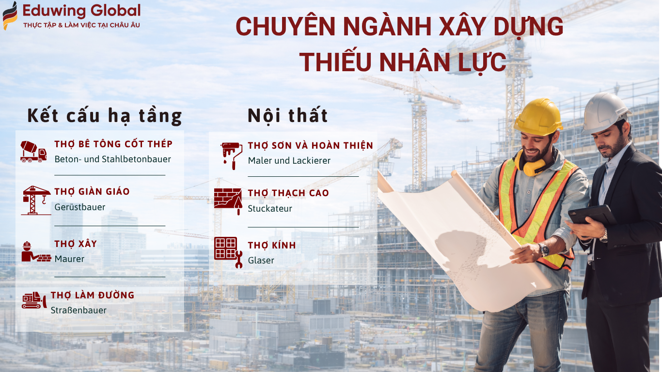Infographic các chuyên ngành xây dựng thiếu nhân lực tại Đức gồm kết cấu hạ tầng và nội thất với các vị trí như thợ bê tông cốt thép, thợ giàn giáo, thợ xây, thợ làm đường, thợ sơn, thợ thạch cao và thợ kính.