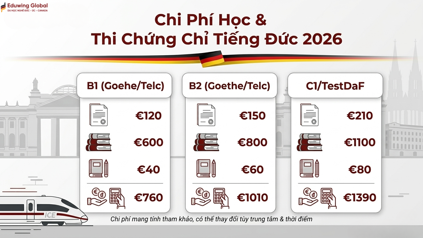 Bảng chi tiết chi phí học và thi chứng chỉ tiếng Đức các cấp độ B1, B2 và C1 cho năm 2026.