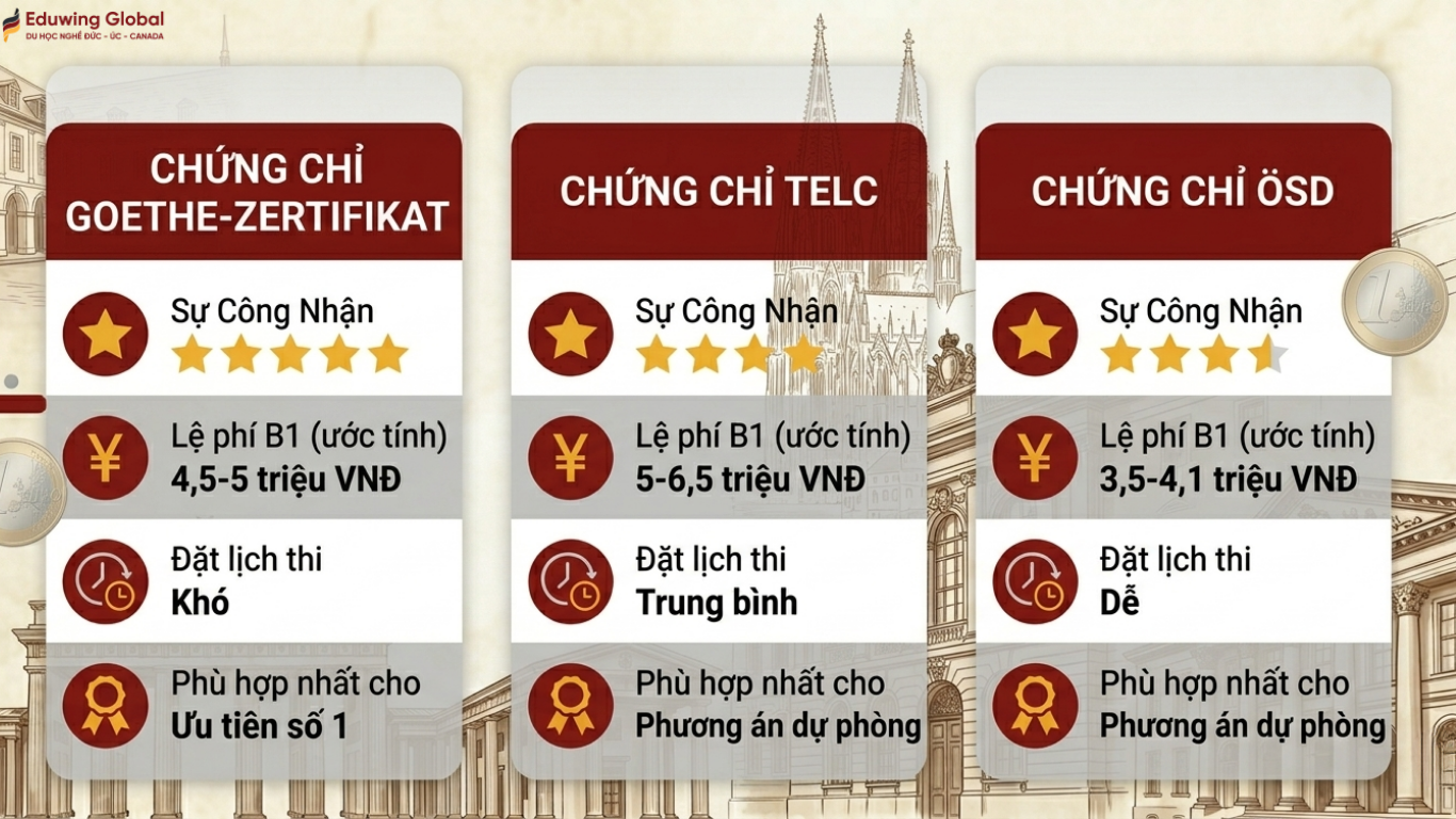 Bảng so sánh 3 chứng chỉ tiếng Đức phổ biến nhất gồm Goethe-Zertifikat, Telc và TestDaF về độ phổ biến, lệ phí thi và mục đích sử dụng.