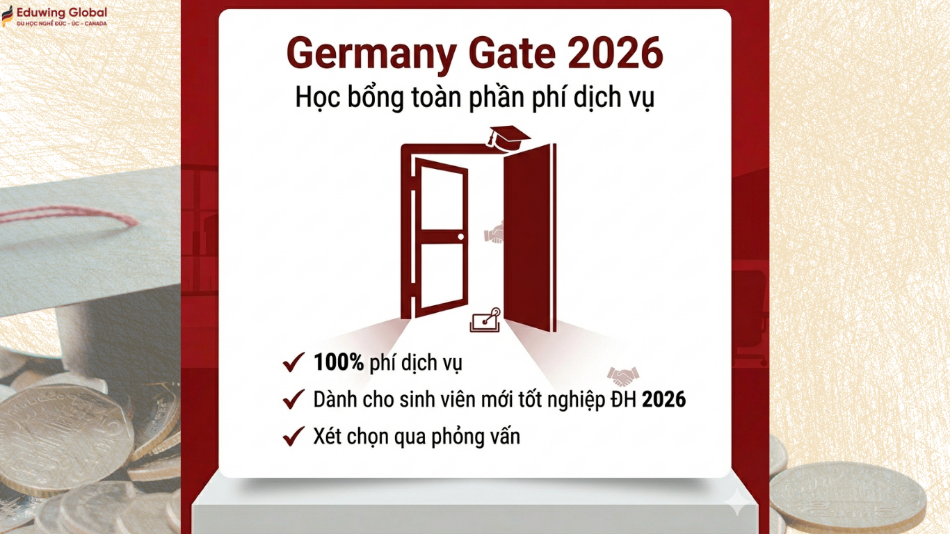 Thông tin chương trình học bổng Germany Gate 2026 hỗ trợ 100% phí dịch vụ du học Đức dành cho sinh viên mới tốt nghiệp Đại học.
