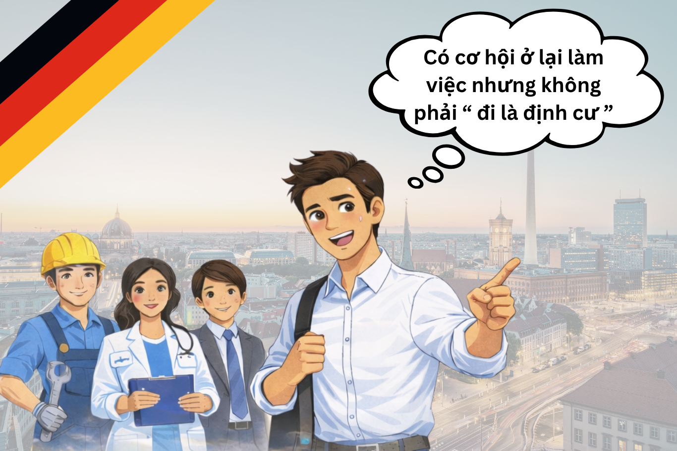Minh họa du học nghề Đức với thông điệp có cơ hội ở lại làm việc nhưng không phải đi là định cư, hình ảnh học viên và các ngành nghề tại Đức