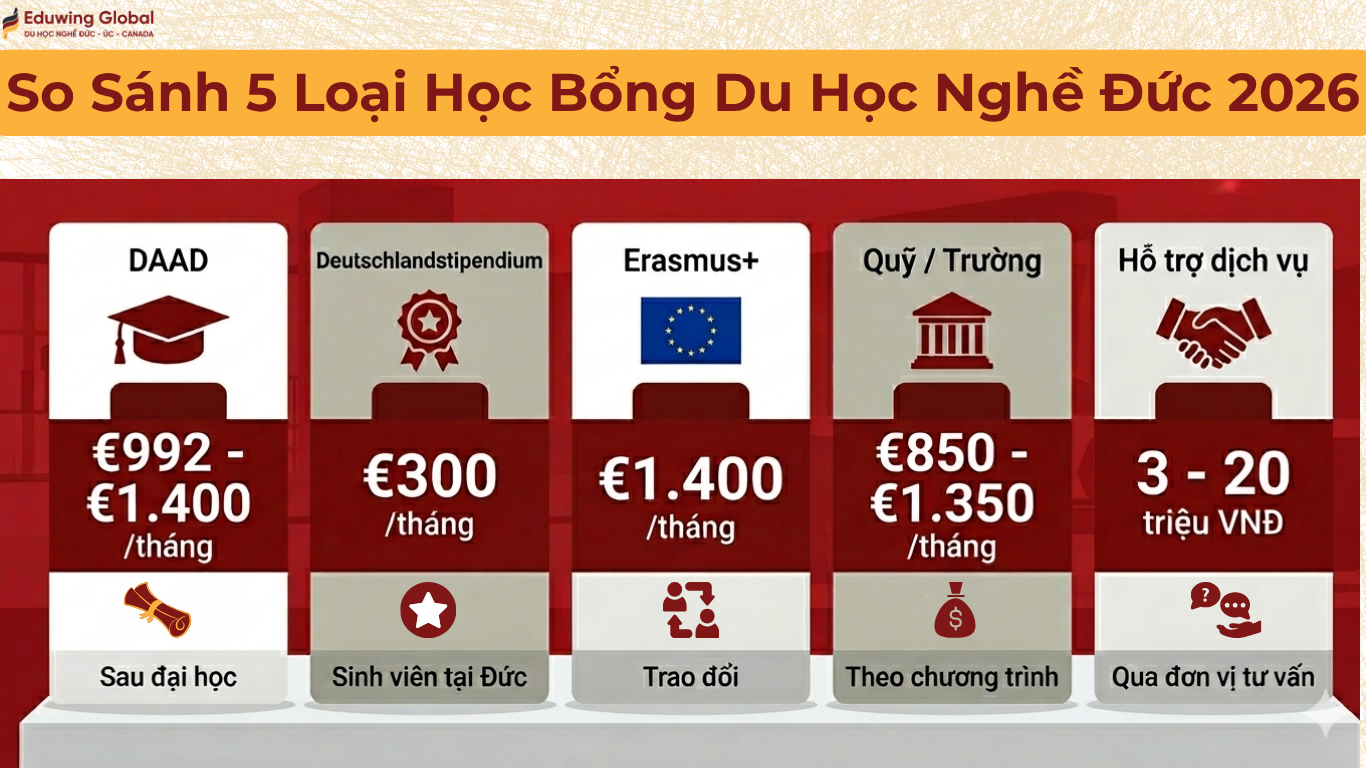 Bảng so sánh 5 loại học bổng du học nghề Đức 2026 gồm DAAD, Deutschlandstipendium, Erasmus+, Quỹ trường và Hỗ trợ dịch vụ.