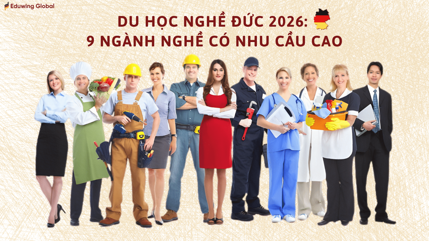 Biểu ngữ Eduwing Global về du học nghề Đức năm 2026, hiển thị văn bản tiêu đề: 'DU HỌC NGHỀ ĐỨC 2026: 9 NGÀNH NGHỀ CÓ NHU CẦU CAO' với cờ Đức và hình bóng bản đồ. Bên dưới là một nhóm gồm 10 người đa dạng giới tính đại diện cho các nghề nghiệp có nhu cầu cao như: điều dưỡng, đầu bếp, thợ xây, chuyên gia CNTT, thợ sửa ống nước, và dọn dẹp.