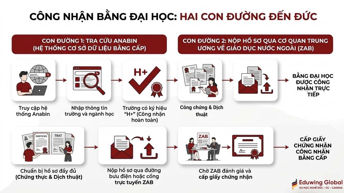 infographic lưu đồ quy trình công nhận bằng đại học Đức theo hai con đường: Tra cứu Anabin và Nộp hồ sơ ZAB, với các bước chuẩn bị hồ sơ (công chứng và dịch thuật), kiểm tra ký hiệu H+, và cấp giấy chứng nhận.