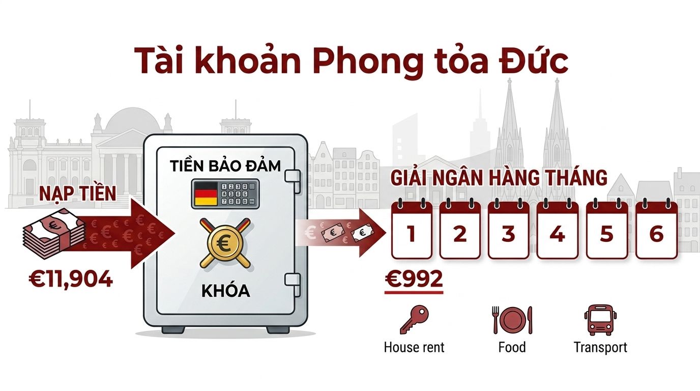 Minh họa tài khoản phong tỏa Đức với số tiền 11.904 euro được nạp vào và giải ngân 992 euro mỗi tháng cho chi phí sinh hoạt.