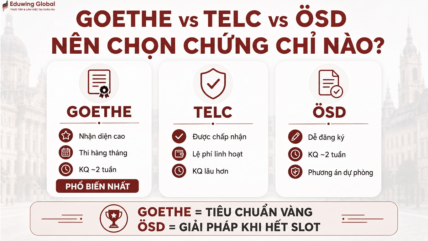Bảng so sánh các loại chứng chỉ tiếng Đức phổ biến hiện nay: Goethe, TELC và ÖSD dành cho người có ý định du học nghề Đức.