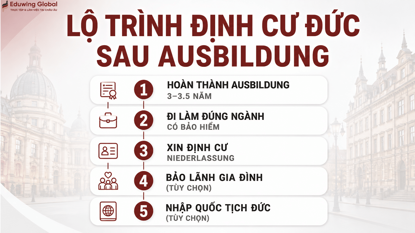 Infographic chi tiết lộ trình 5 bước định cư Đức sau khi hoàn thành chương trình du học nghề Ausbildung.