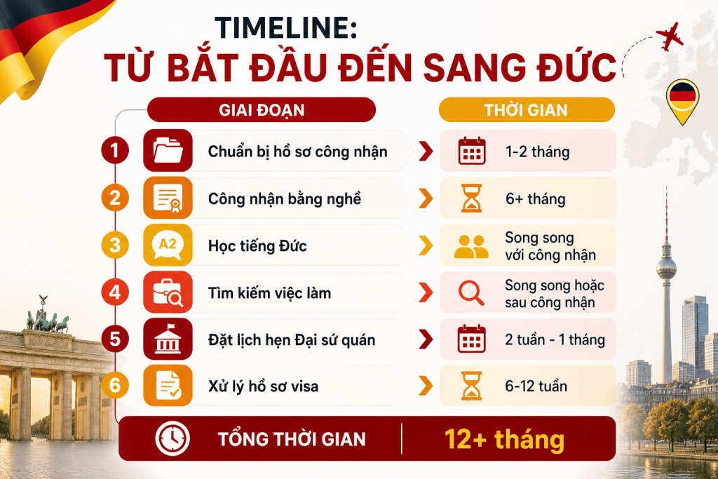 Sơ đồ lộ trình 6 giai đoạn xin Visa 18a Đức với tổng thời gian dự kiến trên 12 tháng, bao gồm các bước: chuẩn bị hồ sơ (1-2 tháng), công nhận bằng (6+ tháng), học tiếng Đức và xử lý visa (6-12 tuần).