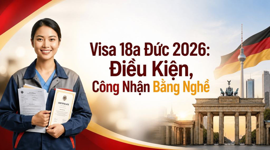 Hình ảnh đồ họa thông tin về Visa 18a Đức năm 2026, bao gồm một nữ nhân viên kỹ thuật cầm chứng chỉ nghề trên nền biểu tượng cổng Brandenburg và cờ Đức, tập trung vào điều kiện và công nhận bằng cấp.